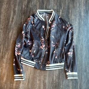 Xhilaration Black Bomber Jacket with Pink Floral Print